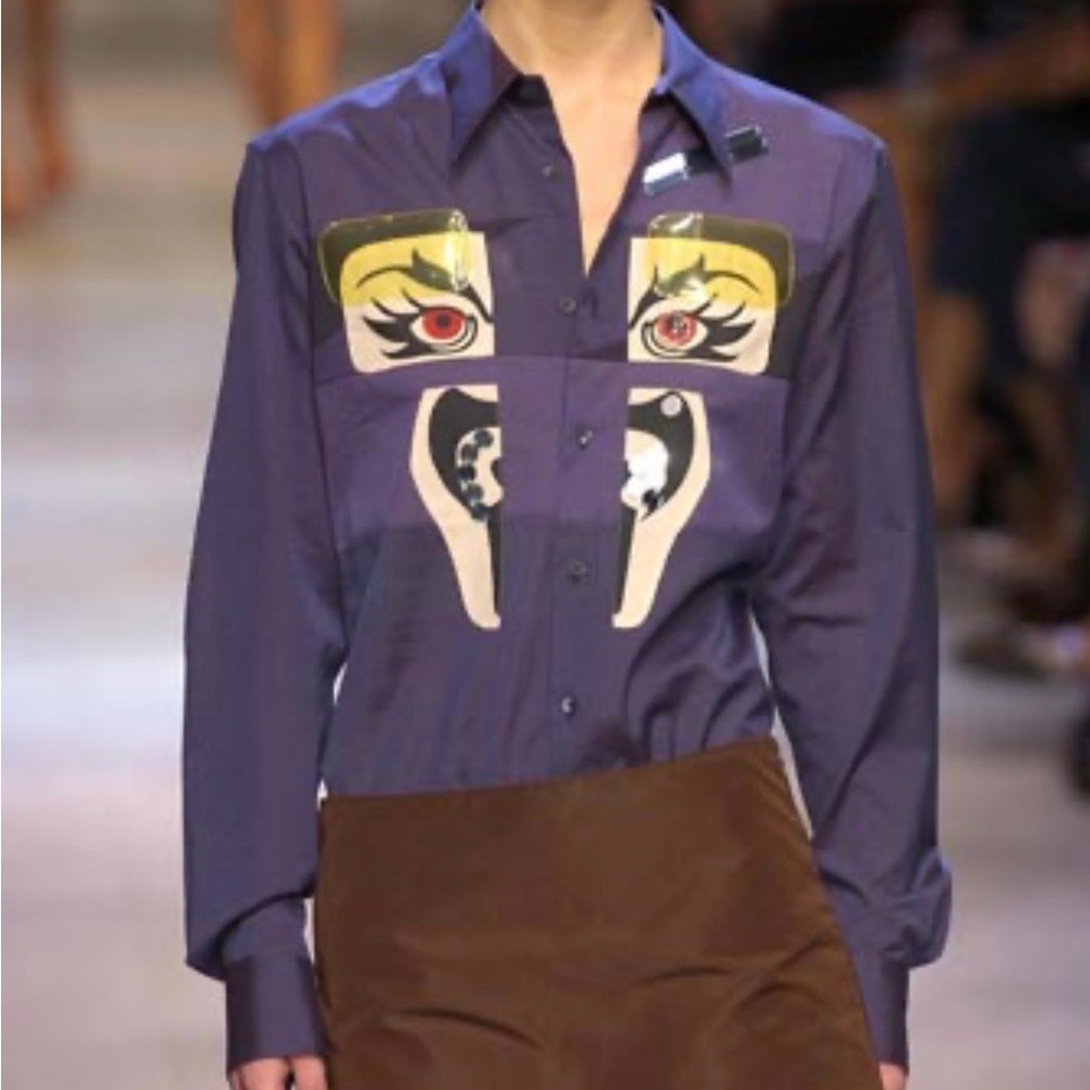 Miu Miu SS05 navy blue robot face design long sleeve shirt with plastic appliqué - Picture 3 of 3